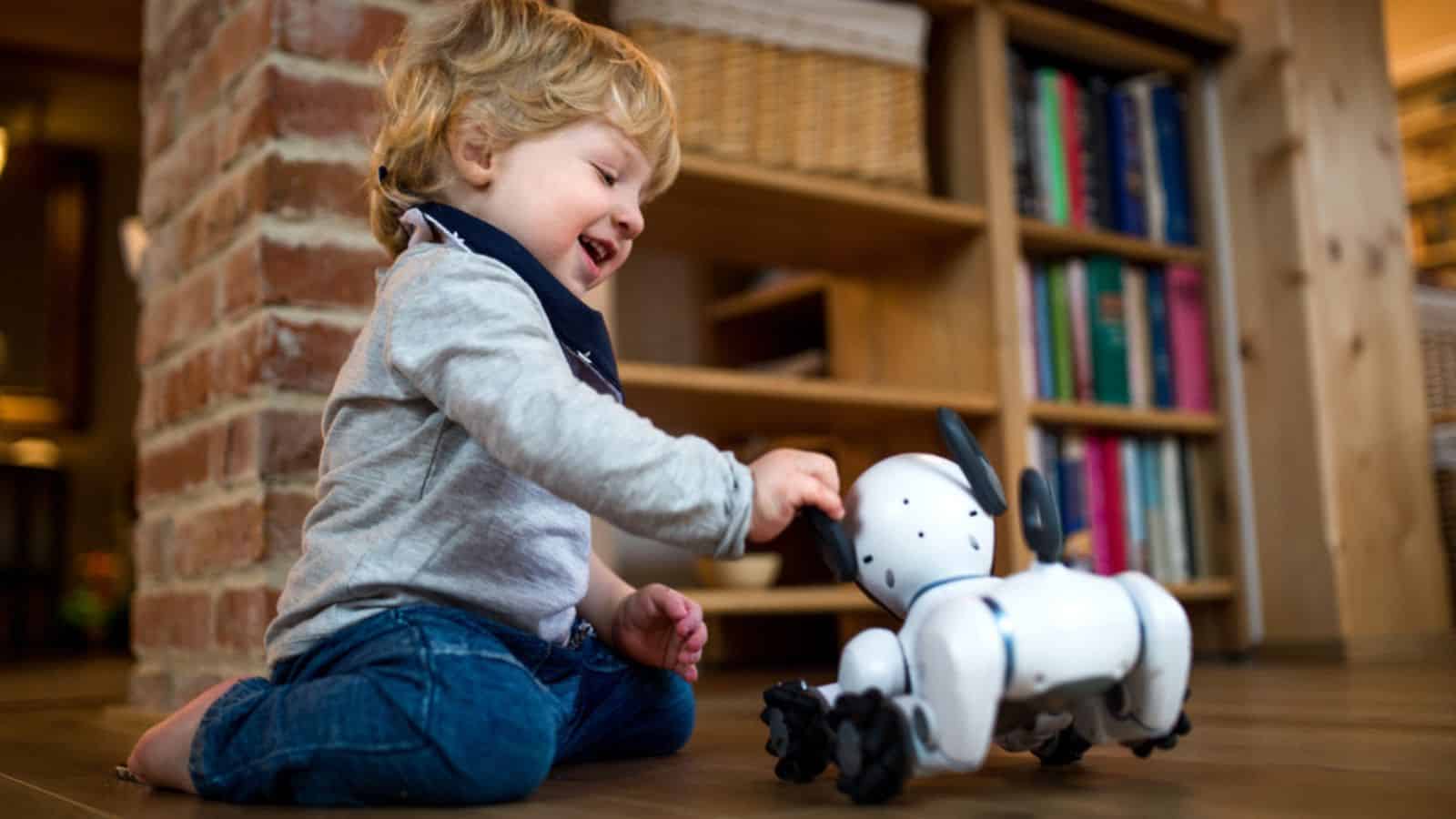 A cute toddler boy standing indoors at home, playing with robotic dog