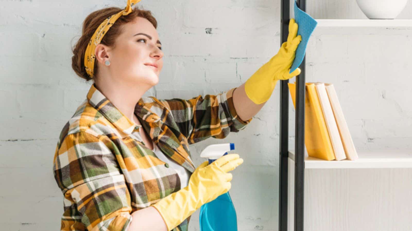 Beautiful woman dusting cleaning shelves at home