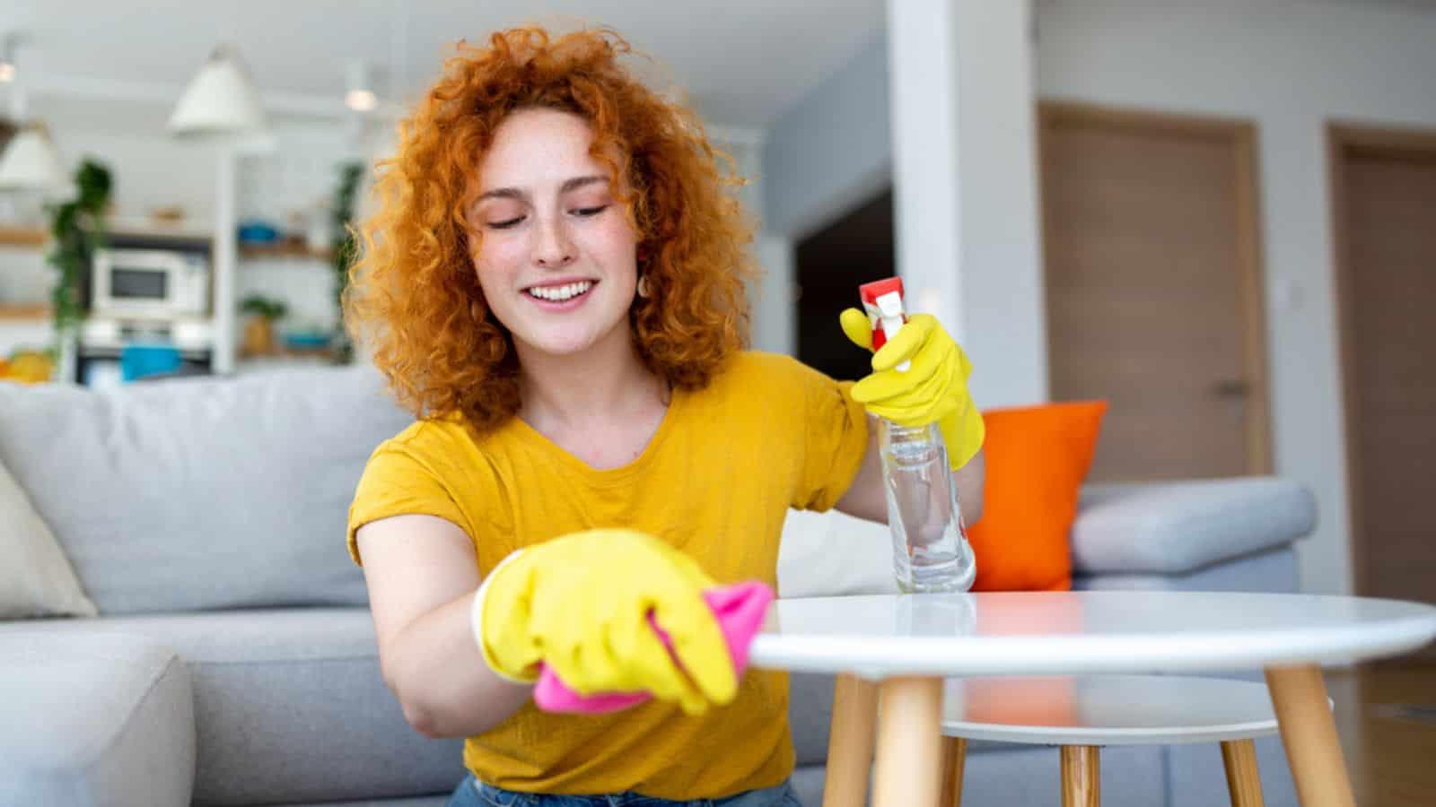 Beautiful young woman cleaning the house. Girl rubs dust with a spray