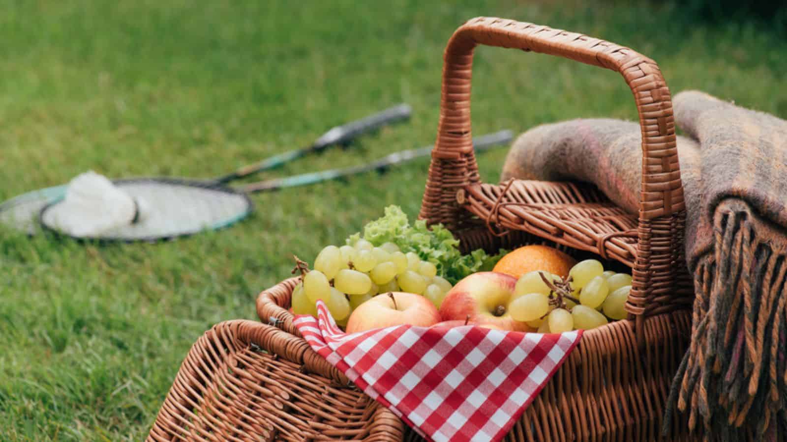 Delicious fruits in basket on green grass in park