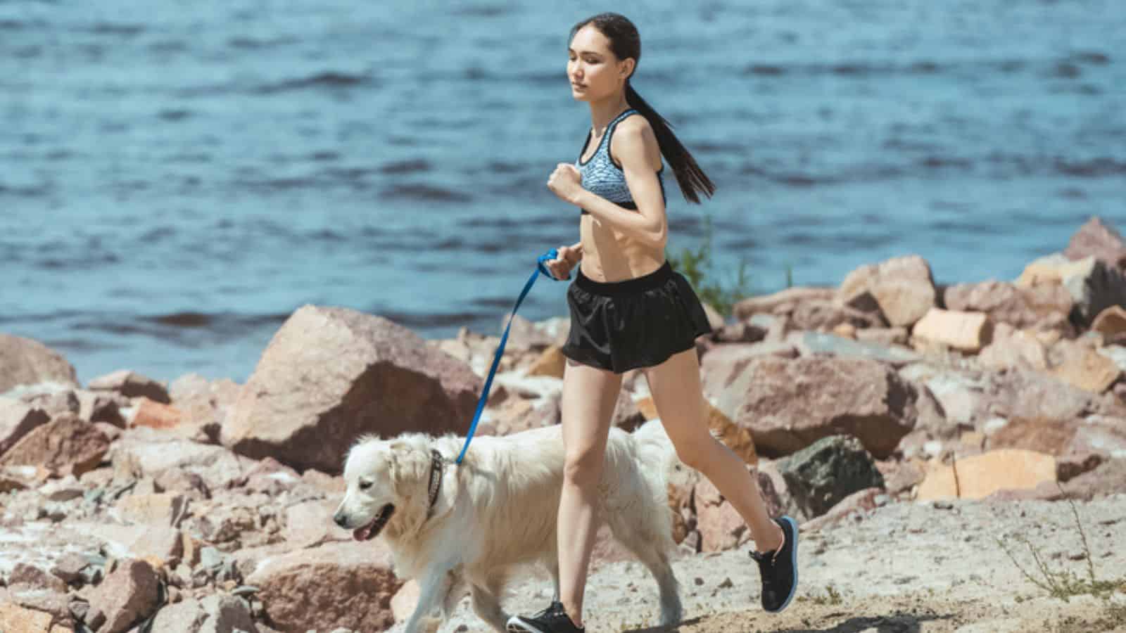 Distant view of asian female jogger running with dog on beach
