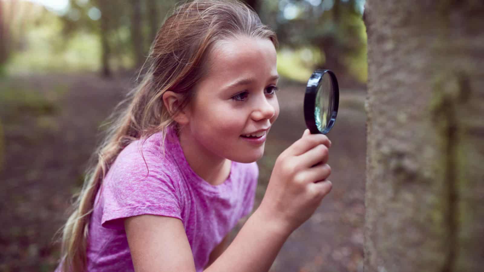 Girl At Outdoor Activity Camp Studying Tree Bark With Magnifying Glass