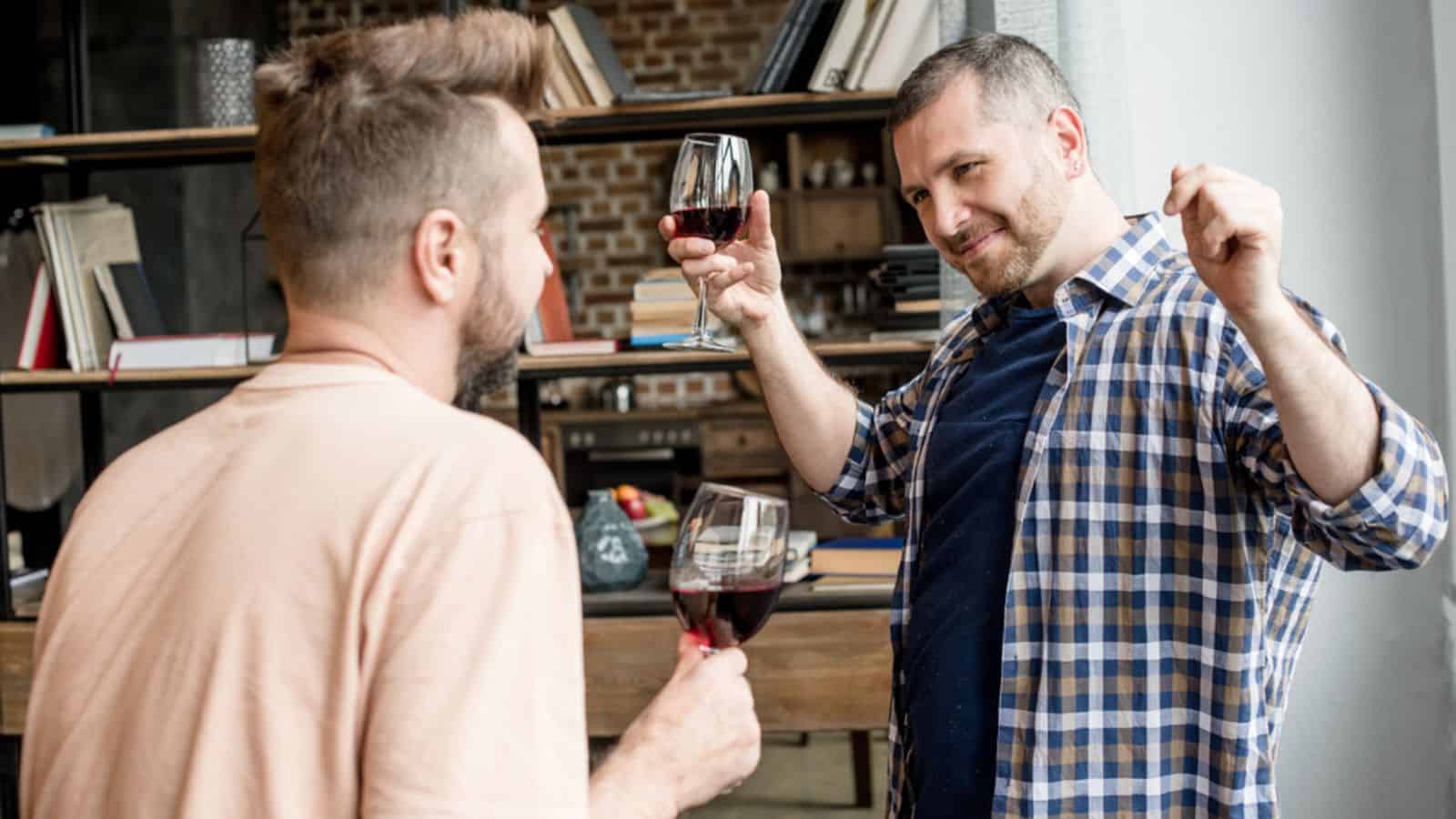 Homosexual couple talking and drinking wine