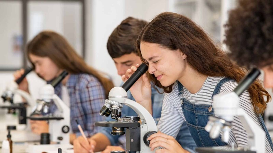 Kid's exploring a Microscope in Biology Class