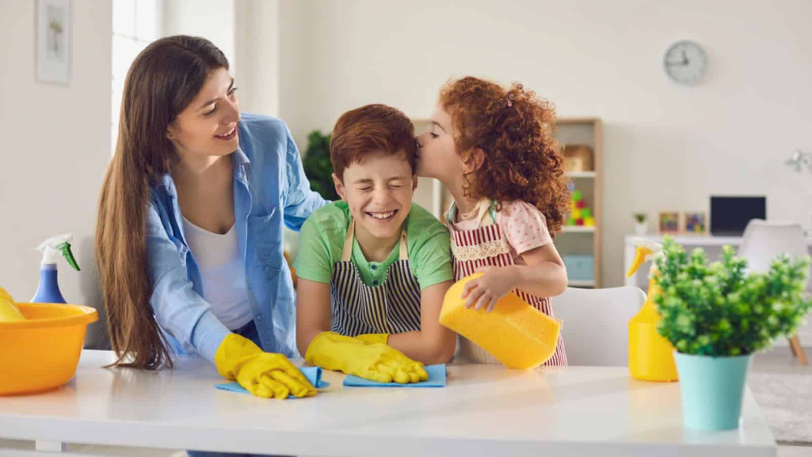Mother and children are cleaning the house
