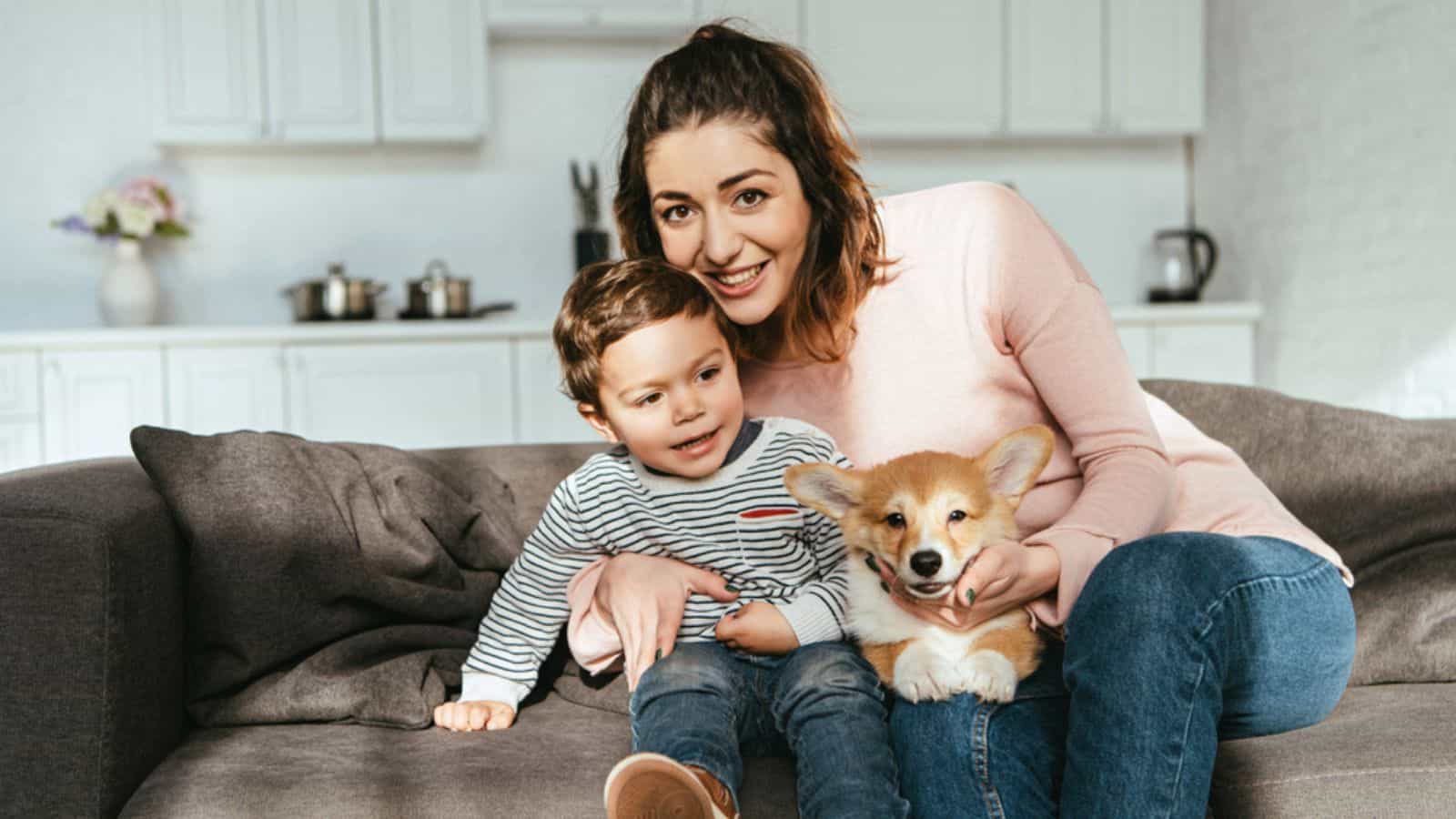 Mother and her little son sitting on sofa with corgi puppy at home