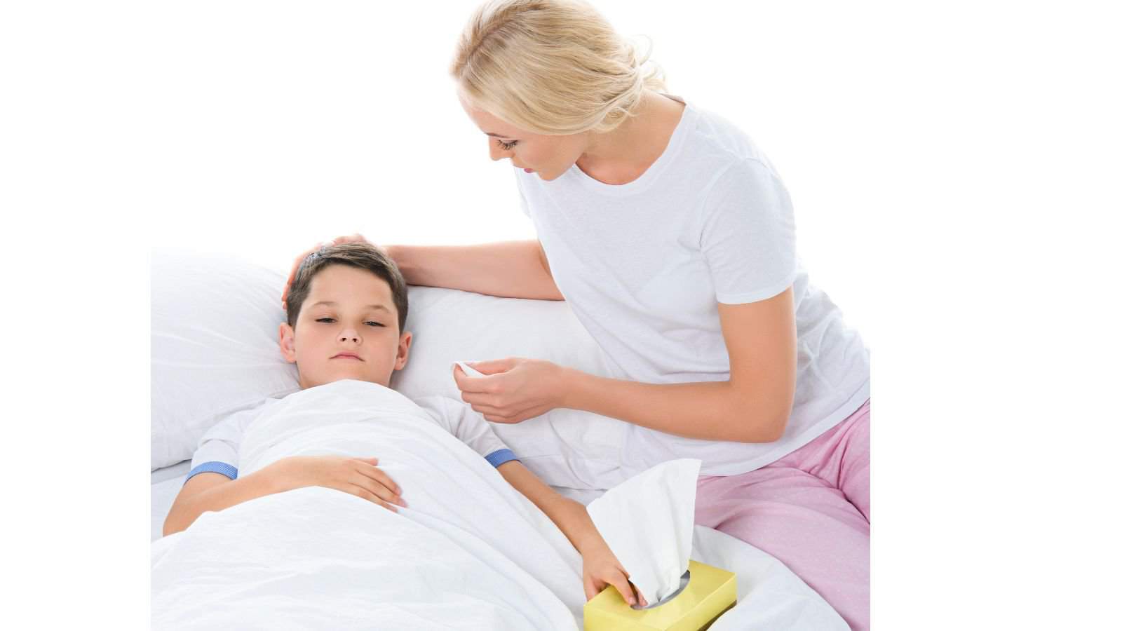 Mother with napkins sitting near sick son, isolated on white