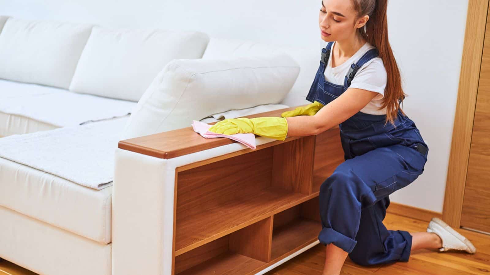 Neat female in blue uniform clean up room, sofa