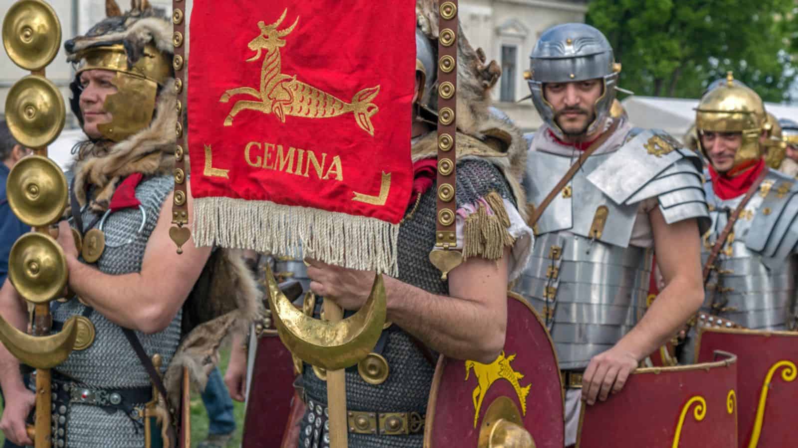 Roman soldiers in battle costume, present at APULUM ROMAN FESTIVAL, organized by the City Hall