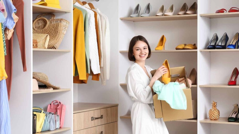 Woman arranging clothes at wardrobe