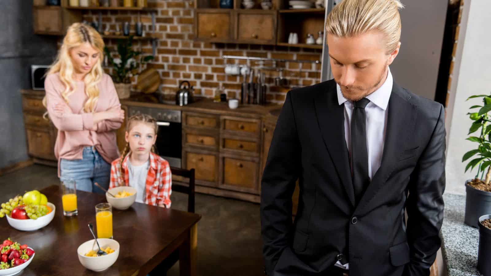 family eating upset with man - woman - child